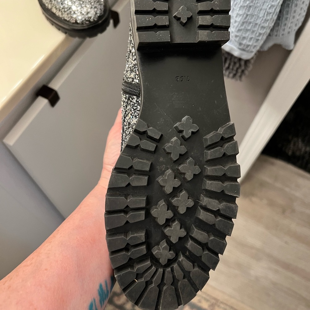 Worn one time. Kate Spade silver glitter combat boots!